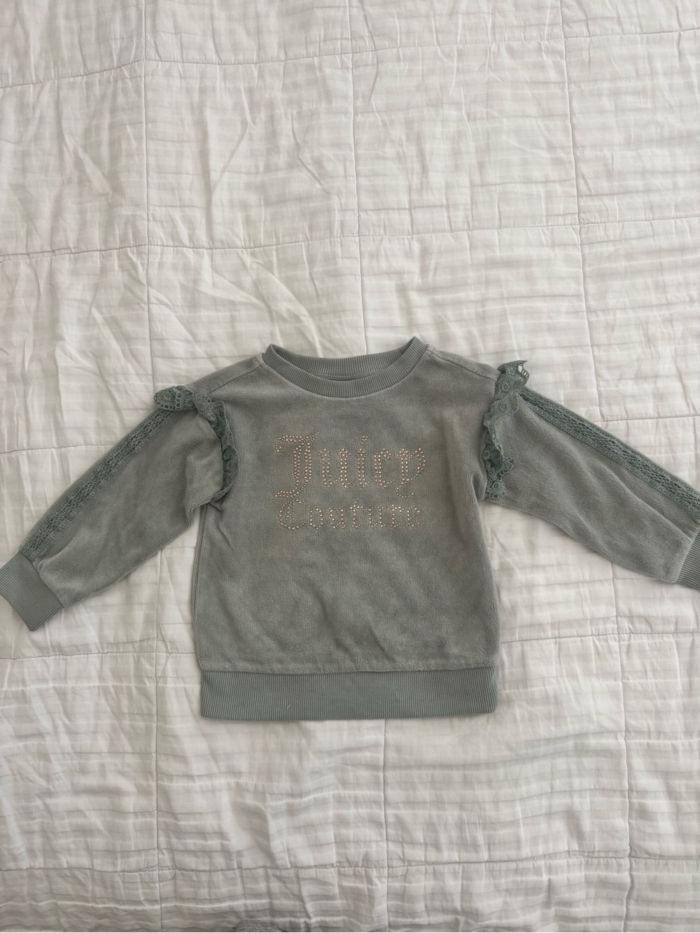 Juicy Couture Sage Green Rhinestone Logo Sweatshirt with Lace Trim